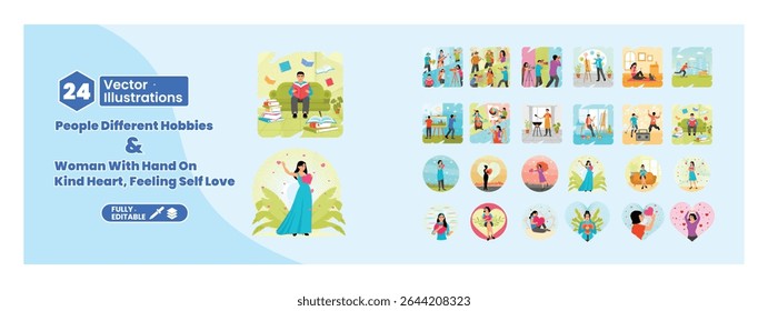 Set of illustrations of people with different hobbies and self-love. Reading, cooking, singing, and women loving themselves. Mega set.