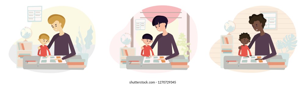 Set of illustrations of people of different race on the topic of home schooling. Father with son in the room. They study, read, play.