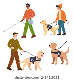 Set of illustrations of people with disabilities and a guide dog in flat style. Blind man with a cane.  life. Health care concept. Pet friend and assistant for blind people.