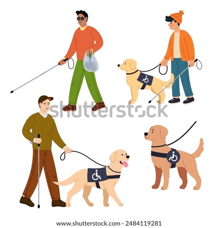 Set of illustrations of people with disabilities and a guide dog in flat style. Blind man with a cane.  life. Health care concept. Pet friend and assistant for blind people.