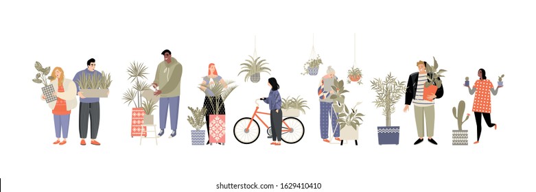 Set of illustrations of people doing home gardening and home plants in decorated and macram pots. Vector images in flat style isolated on white background.