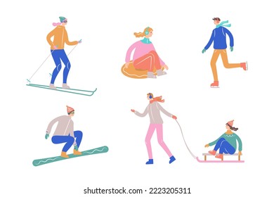 Set of illustrations people are engaged in winter sports. vector illustration