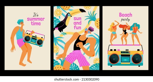 Set Of Illustrations With People Having Fun At A Beach Party And Enjoying Music And Summer. Cartoon Style Characters In Retro Colors