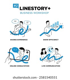 Set of illustrations people are holding a workshop. Workflow, growth, graphics. Business development, milestones, start-up. linear illustration Icons infographics. Landing page site print poster. Line