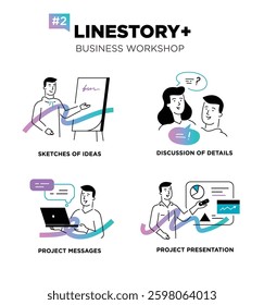 Set of illustrations people are holding a workshop. Workflow, growth, graphics. Business development, milestones, start-up. linear illustration Icons infographics. Landing page site print poster. Line