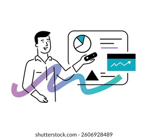 Set of illustrations people are holding a workshop. Workflow, growth, graphics. Business development, milestones, start-up. linear illustration Icons infographics. Landing page site print poster. Line