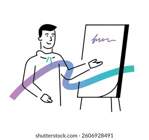 Set of illustrations people are holding a workshop. Workflow, growth, graphics. Business development, milestones, start-up. linear illustration Icons infographics. Landing page site print poster. Line