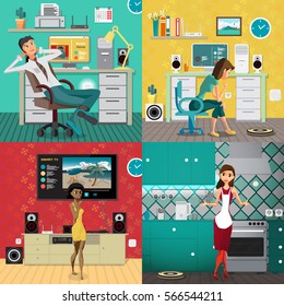 Set of illustrations of people in home interiors. Technology concept smart home. Vector flat cartoon illustration
