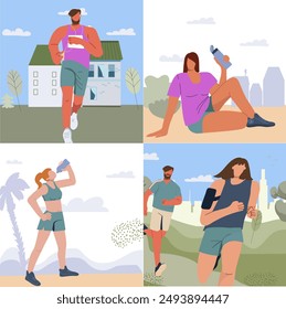 Conjunto de ilustraciones de gente corriendo, trotando, trotando entrenando en un parque de la ciudad, en el fondo de un panorama de la ciudad. Hombres atléticos, mujeres, atletas entrenando al aire libre. Ilustración vectorial plana