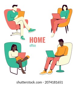 Set of illustrations of people with laptops in modern armchairs. Home office or education concept, remote work. Minimalistic illustrations in cartoon style. Working on a laptop