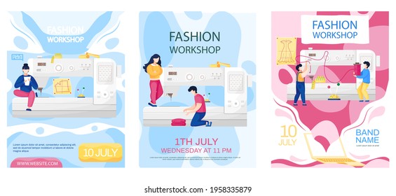 Set of illustrations with people making clothes with sewing machine. Fashion workshop concept poster