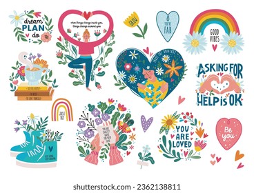 Set of illustrations with people, motivational phrases,hearts, shoes. Concept of body positive, self-love and self-acceptance. Flat cartoon illustration. Perfect for T-shirt, posters, cards, stickers 