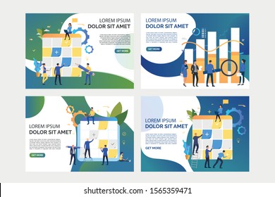 Set of illustrations with people planning and analysing work. Development, taskboard, teamwork. Flat vector illustration. Business process concept for banner, website design or landing web page