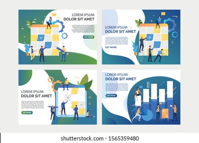 Set of illustrations of people planning and analysing work. Development, statistics, teamwork. Flat vector illustration. Business process concept for banner, website design or landing web page