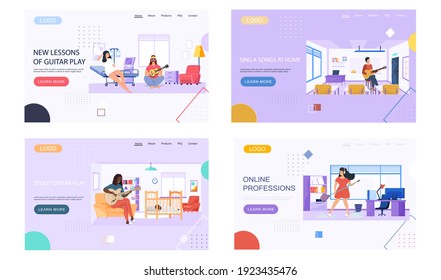 Set of illustrations with people play guitar at home, office, hospital and school. Guitarists compose and play music. People create songs. Website with online music lessons. Landing page template
