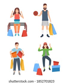 Set of illustrations with people with purchases and pastime outdoors. Buyers with colorful boxes. Male character is going to play basketball. Woman is dancing. Man listening to music during the walk