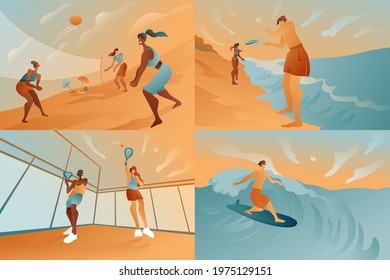 A set of illustrations of people relaxing on the background of a sandy beach, surfing in the sea, playing tennis. People relax under umbrellas from the sun. 