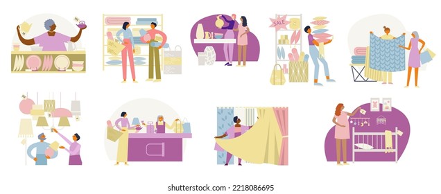 Set of illustrations with people shopping in interior department Home textile store.  Home decoration utensils light shop. Flat vector illustration