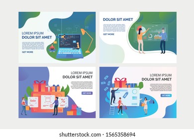 Set of illustrations with people shopping and using technology. Sale, buy, coding, statistics. Flat vector. Technology and commerce concept banner, website design or landing web page