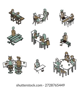 Un conjunto de ilustraciones de personas sentadas en mesas y bancos, descansando y charlando.