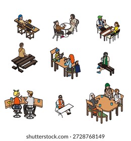 Un conjunto de ilustraciones de personas sentadas en mesas y bancos, descansando y charlando.
