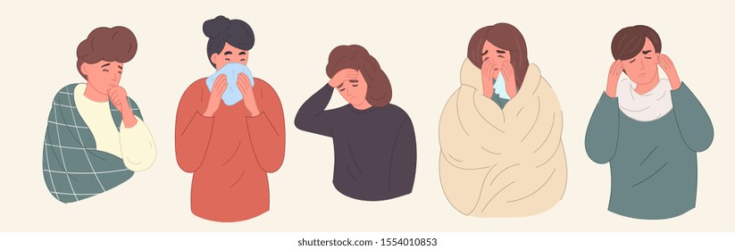 Conjunto de ilustraciones de personas que padecen diversos síntomas del frío y la gripe comunes. Los personajes con dolor de cabeza y dolor de oído, moqueo nasal y tos están aislados en un fondo ligero. Vector plano