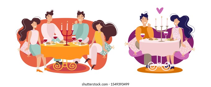 Set of illustrations of people at the table, thanksgiving or holiday. Family or friends and a couple of girl and boyfriend. People get together to eat and talk.