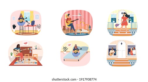 Set of illustrations people take care of children, play guitar at home. Musicians practice in music. Rest and pastime with music. Guitarists with stringed instrument create melody. Characters perform