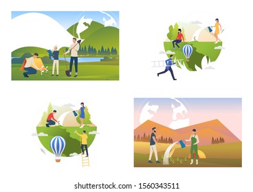 Set of illustrations of people taking care of nature by planting. Environment, volunteer. Vector illustration with ecology concept for banner, website design or landing web page