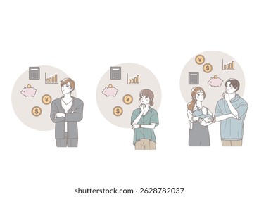 Set of illustrations of people thinking about investments