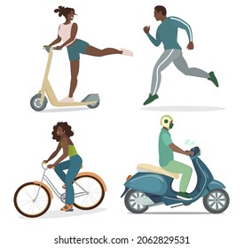 set of illustrations of people using different types of transportation: girl on bicycle, on scooter, guy on bike, running guy. concept of active lifestyle, entertainment, environmentally friendly tran