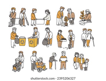 Set of illustrations of people volunteering, comical hand-drawn figures, vector, line drawings in color.