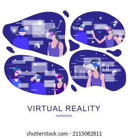 Set of illustrations with people in VR headset,  exploring digital interface and working with data. Concept of virtual or augmented reality, interactive experience. Modern flat vector illustration.