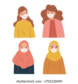 a set of illustrations people wearing face mask. Self protection from  viruses, bacteria, and pollution