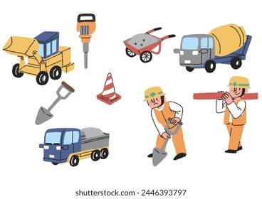 Set of illustrations of people working at a construction site, working cars, and construction tools.