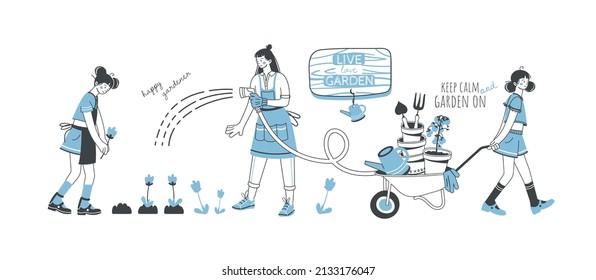 Set of illustrations of people working in the garden or farm. Young women takes care of plants and vegetables. Hand drawn cartoon style. Gardening concept. Vector