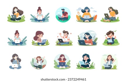 Set of illustrations of people working in the office, co-working space or remotely at home, freelance. Flat graphic vector illustrations isolated on white background.