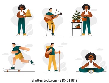 Set of illustrations of peples stay at home and have fun hobby - relaxation, leusure, cooking, craft, music etc. Vector eps10 isolated on white. Cartoon person character relax indoor on quarentine.