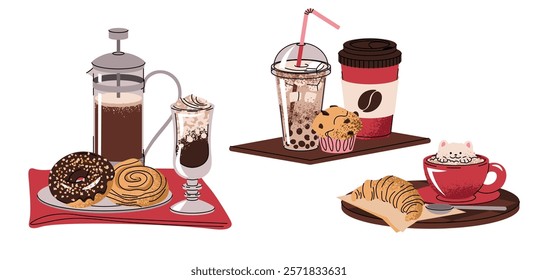 Set of illustrations of a perfect breakfast. Coffee drink with dessert in flat cartoon style. Tasty composition for menu, sticker, postcard, etc.