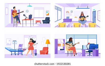 Conjunto de ilustraciones con artistas practican acordes. Los guitaristas componen canciones y tocan música. Músicos tocando en declaraciones. La gente con guitarra crea canciones. Los caracteres utilizan instrumentos de cadena