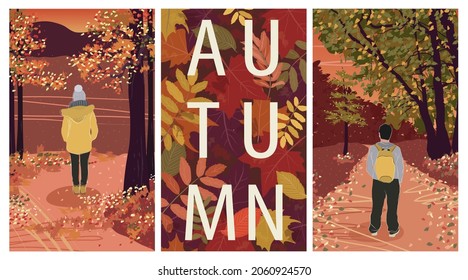 Set of illustrations of a persons walking in the autumn forest. Abstract landscape with trees in orange, red and golden tones and sunset sky. Abstract background with lettering and fall season foliage