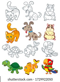 Set of  illustrations with Pets, bright animales and contours isolated on a white background