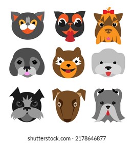 Set of illustrations of pets bulldog, poodle, cat, schnauzer, fox terrier, yorkie, maltese, bichon frise, spitz. Flat design of stylized pets for icons, stickers, badges, prints.