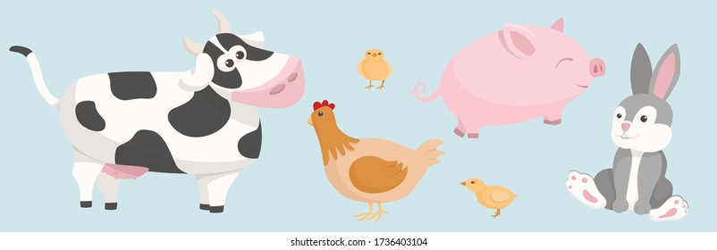Set of illustrations of pets on a farm in a cartoon style: cow, chicken, chicken, cute pig, rabbit, hare	