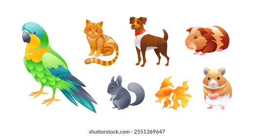 Conjunto de ilustraciones de mascotas, loro, perro, gato, conejillo de indias, chinchilla, peces de acuario, hámster, realista en estilo 3D.