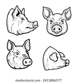 Set of illustrations of pig head isolated on white background. Design element for poster, menu ,card.