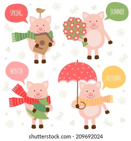 Set of illustrations of the piglets. Seasons.