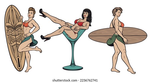 Set of illustrations with pin up girls, with a surfboard and a pin up girl in a glass on a white background