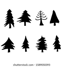 Set of illustrations of pine trees. Design element for poster, emblem, sign, logo, label. with hand drawn doodle style Vector illustration