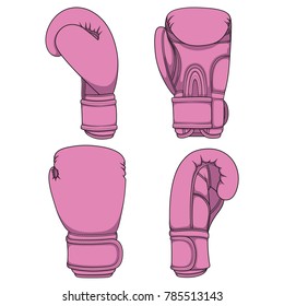 Set of illustrations with pink boxing gloves. Isolated colorful vector objects on white.